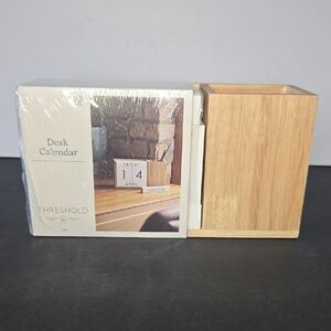 NEW Threshold Natural Wood Desk Calendar and Pencil/Pen Cup